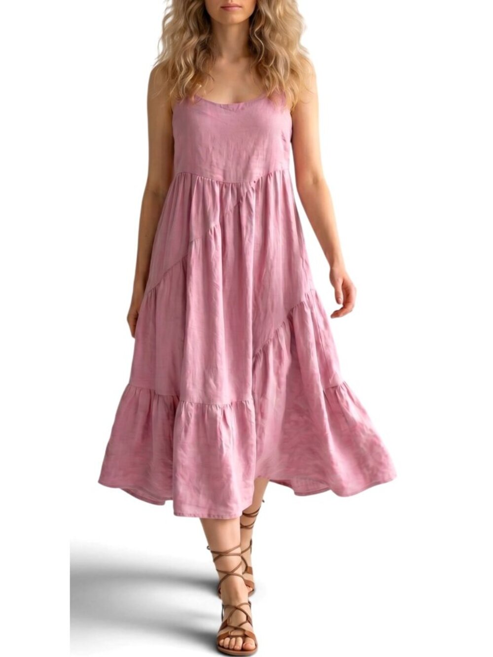 CP Shades Sandrine Pink Linen Dress Tiered Adjustable Straps Midi